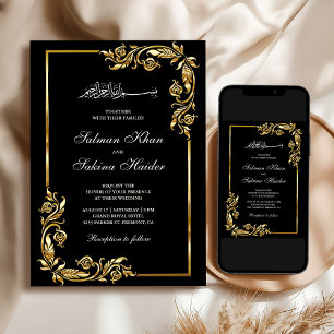 Invitación Borde Floral de Oro Negro Bodas Islámicas
