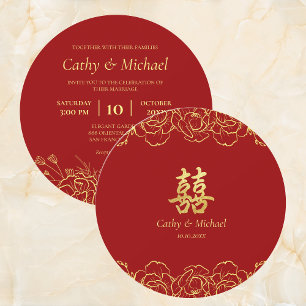 Invitación Borde floral de oro rojo doble xi de boda chino
