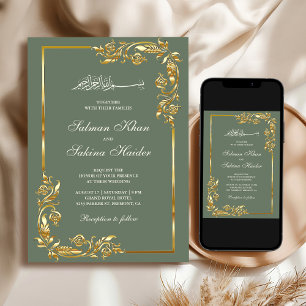 Invitación Borde Floral Dorado Verde Salvia para Boda Islámic