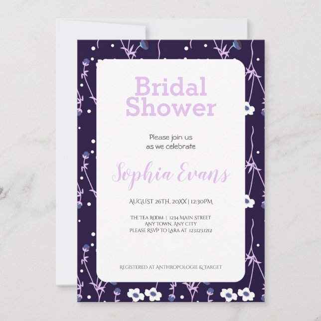 Invitación Borde floral morado y blanco ducha de novia blanca (Anverso)