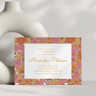 Invitación Borde Floral Retro Quinceañera Naranja Rosa