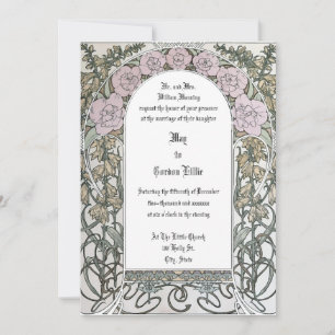 Invitación Borde floral rosa Art Nouveau por Alphonse Mucha