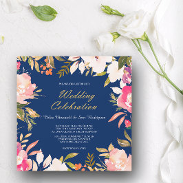 Invitación Borde floral rosa coral sobre Boda azul de la mari