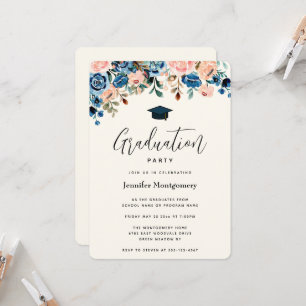 Invitación Borde floral rosa y azul con tapón de graduación