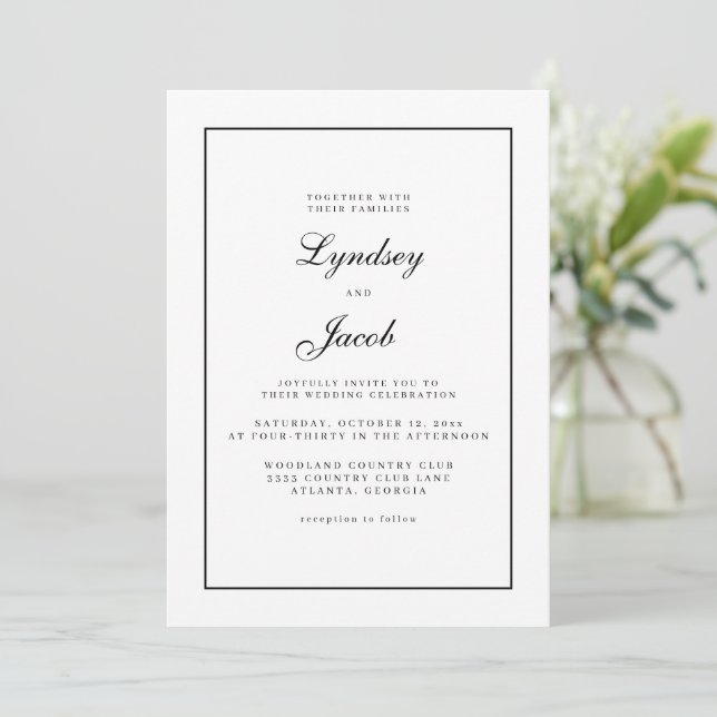 Invitación Borde negro clásico y boda elegante blanca (Anverso de pie)
