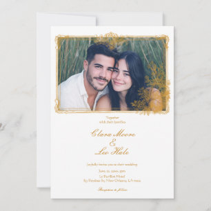 Invitación Borde Ornado Vintage Dorado Foto de Boda