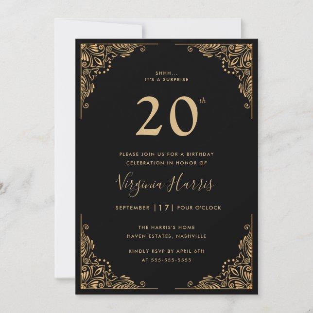 Invitación Borde Ornate de Oro 20 años 20 cumpleaños (Anverso)