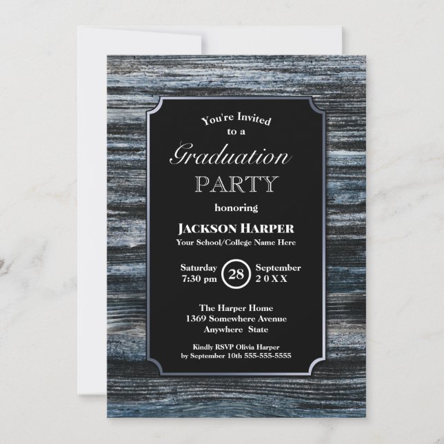 Invitación Borde plateado de madera para el partido de gradua (Anverso)