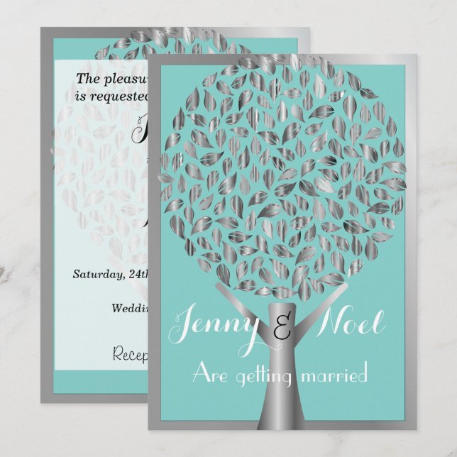 Invitación Borde plateado y matrimonio azul de árbol (Anverso / Reverso)