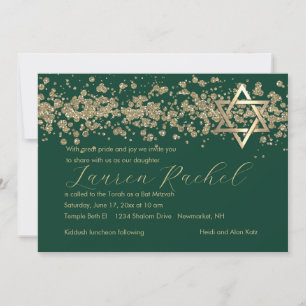 Invitación Borde Purpurinoso de oro de Bat Mitzvah en cualqui