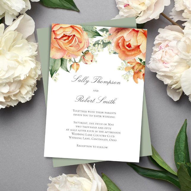Invitación Borde Superior Floral de Melocotón Escritura Elega (Romantic peach floral wedding design with soft watercolor blooms and elegant script for a timeless.)