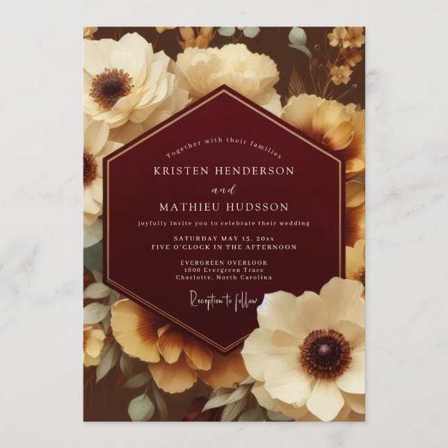 Invitación Bordeaux Ornate Botanical Wedding (Anverso)