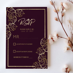 Invitación Bordeaux oro rojo profundo floral Boda RSVP
