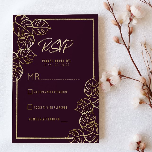 Invitación Bordeaux oro rojo profundo floral Boda RSVP (Bordeaux deep rich red gold floral Wedding RSVP)