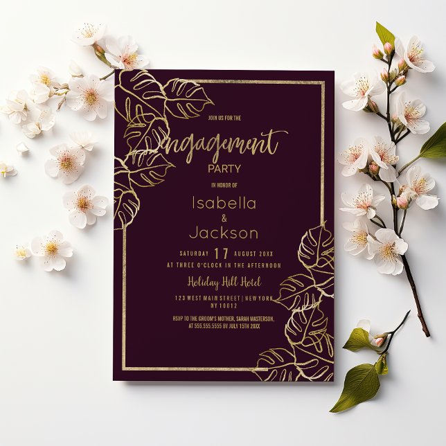 Invitación Bordeaux oro rojo profundo oro floral Engagement (Bordeaux deep rich red gold floral Engagement)