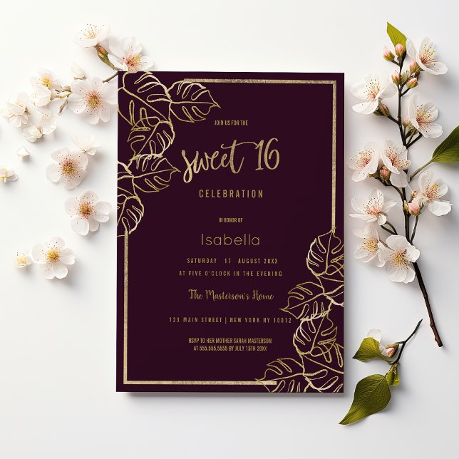 Invitación Bordeaux oro rojo rico profundo floral Sweet 16 (Bordeaux deep rich red gold floral Sweet 16 )