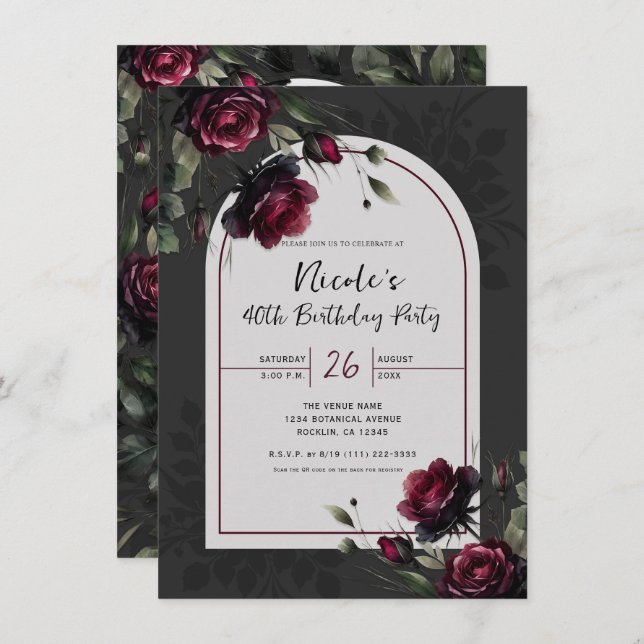 Invitación Bordeaux Roses Roses Shadowy Gray Floral Cumpleaño (Anverso / Reverso)
