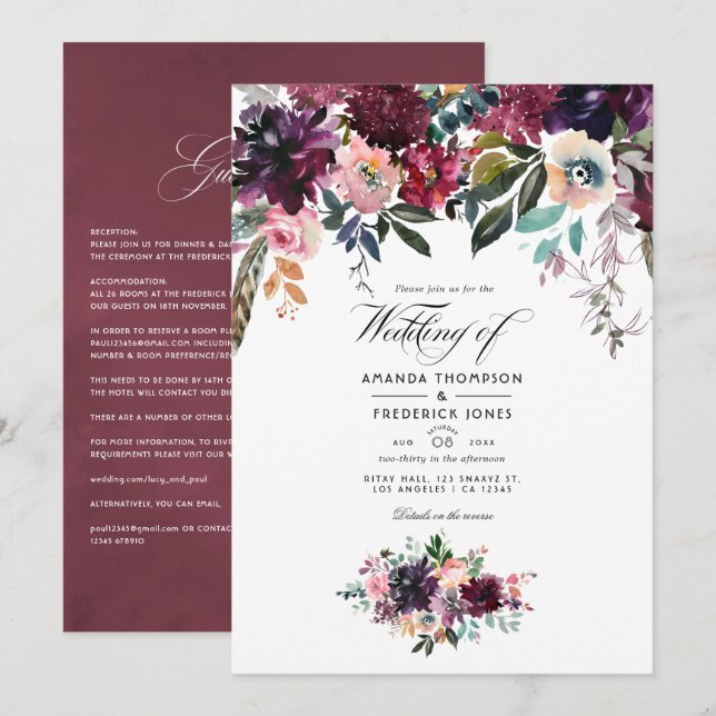 Invitación Bordeaux Wine Color Floral Garden Wedding (Anverso / Reverso)