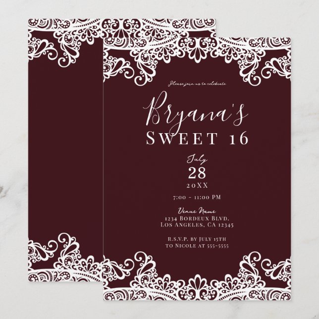 Invitación Bordeaux Wine White Lace Elegant Sweet 16 Fiesta (Anverso / Reverso)