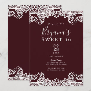 Invitación Bordeaux Wine White Lace Elegant Sweet 16 Fiesta