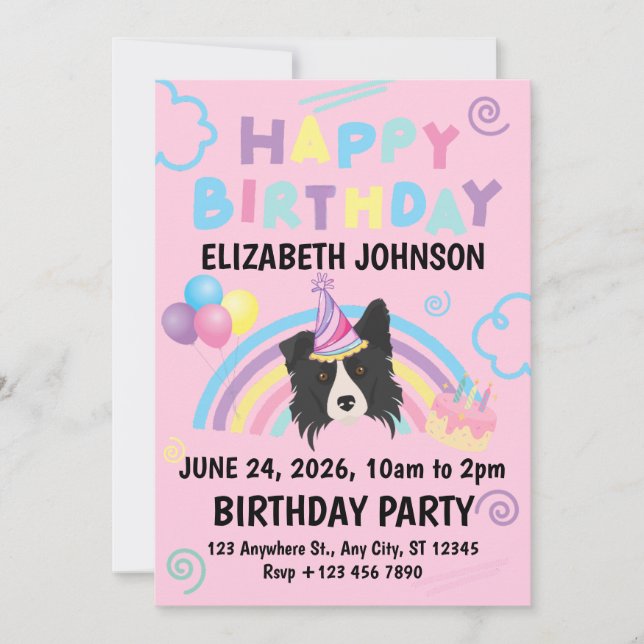 Invitación Border Collie Birthday Invitation in Pink (Anverso)
