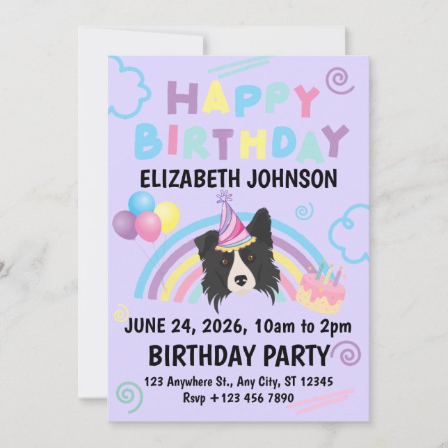 Invitación Border Collie Birthday Invitation in Purple (Anverso)