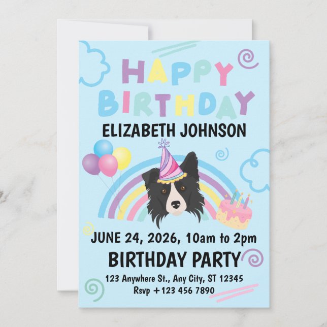 Invitación Border Collie Birthday Party Invitation Blue (Anverso)