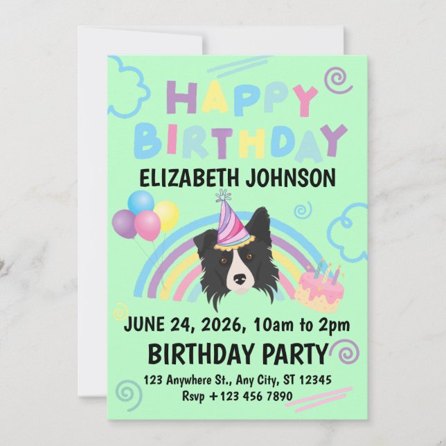 Invitación Border Collie Birthday Party Invitation Green (Anverso)