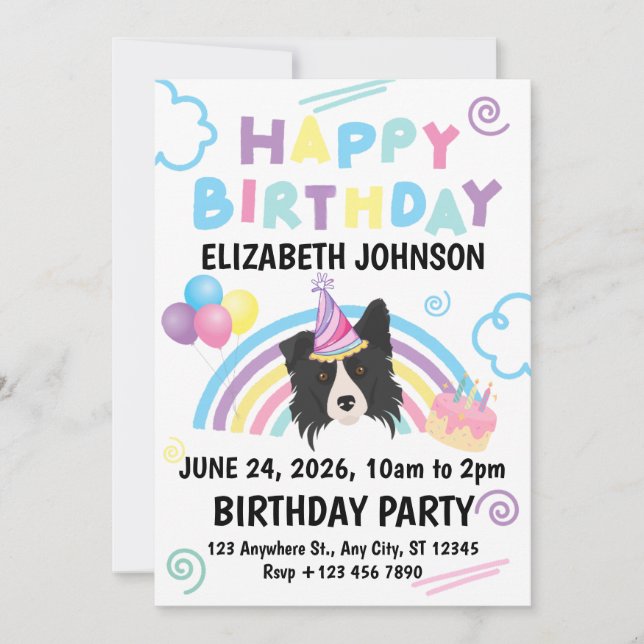 Invitación Border Collie Birthday Party Invitation White (Anverso)