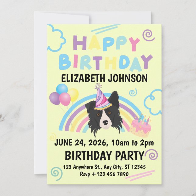 Invitación Border Collie Birthday Party Invitation Yellow (Anverso)