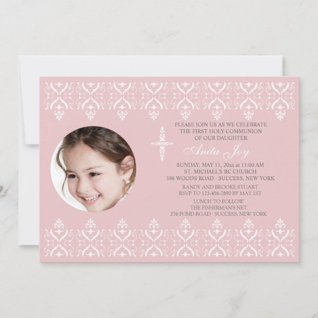 Invitación Bordes de encaje Pink Religious Photo Invitation (Anverso)