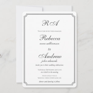 Invitación Bordes de monograma elegantes en blanco y negro pa