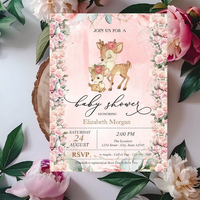 Invitación Bordes de Rosas de Ciervos Bebés Lindos Cumpleaños (Subido por el creador)