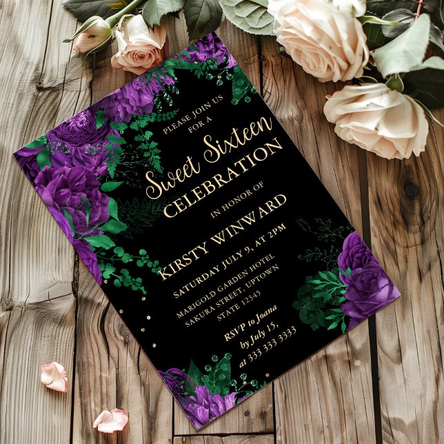 Invitación Bordes de Rosas Moradas Cumpleaños Dulces Dieciséi (Subido por el creador)