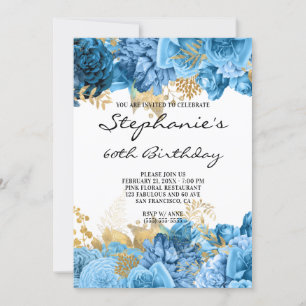 Invitación Bordes Florales Dorados y Azules Cumpleaños 60
