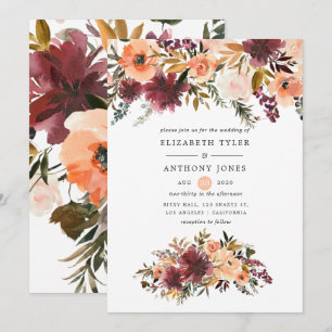 Invitación Bordo Acuarela Floral Boda Melocotón