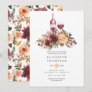 Invitación Bordo Melocotón Floral Degustación de Vino Despedi