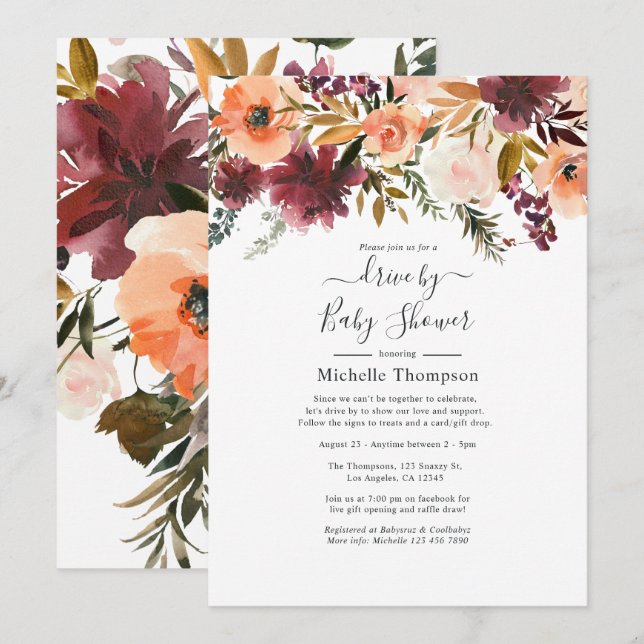Invitación Bordo Peach Drive by Bridal o Baby Shower (Anverso / Reverso)