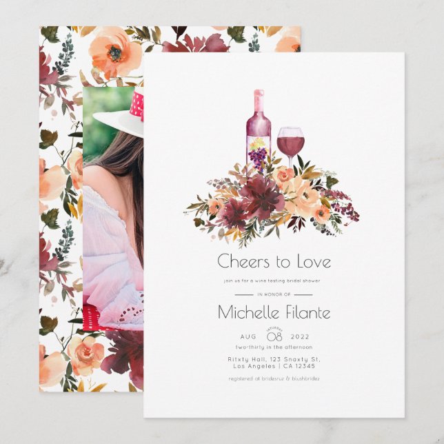 Invitación Bordo Peach Floral Wine Tasting Brillante Ducha (Anverso / Reverso)