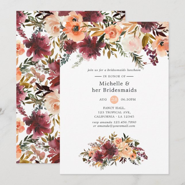 Invitación Bordo Peach Watercolor Bridesmaids Luncheon (Anverso / Reverso)