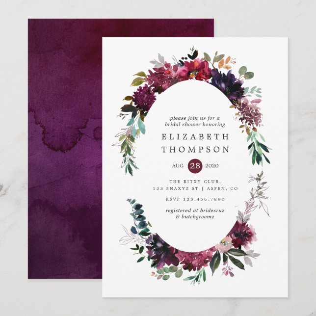 Invitación Bordo Violet Plum Watercolor Floral Brigada (Anverso / Reverso)