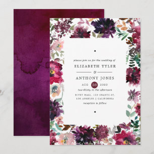 Invitación Bordo Violeta Ciruela Acuarela Floral Boda