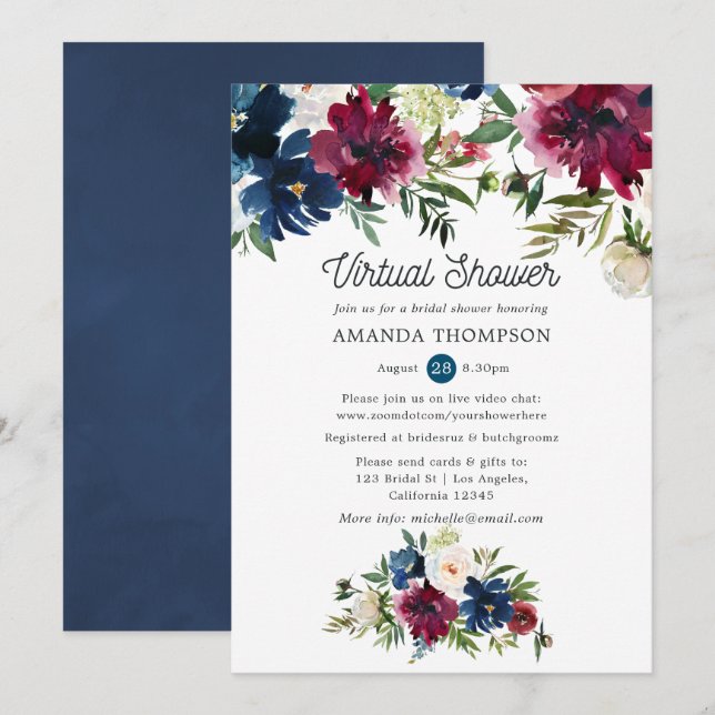 Invitación Bordo y acuarela Navy Fiesta Virtual de Despedida  (Anverso / Reverso)