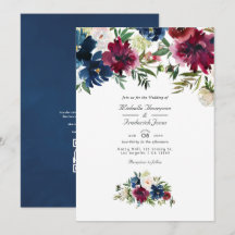 Bordo y Código QR Floral Acuarela Navy Boda