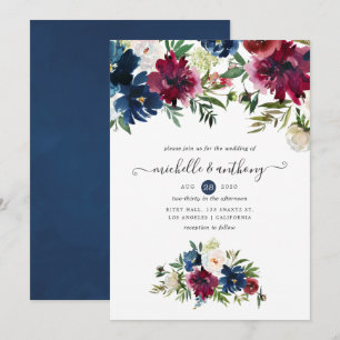 Invitación Bordo y Floral Acuarela Navy