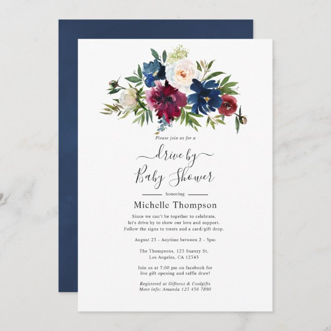 Invitación Bordo y Navy Floral Drive By Shower (Anverso / Reverso)