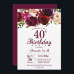 Invitación Borgoña 40° cumpleaños de fiesta<br><div class="desc">Invitación a la fiesta de cumpleaños número 40 de Burgundy Floral para mujeres. Invitación a la fiesta de cumpleaños roja de Borgoña. Flor floral color burdeos. 13.16.18.20.30.40.50.60.70.80.90.100,  Cualquier edad. Digital Imprimible. Para más personalización,  haga clic en el botón "Personalizar" y utilice nuestra herramienta de diseño para modificar esta plantilla.</div>