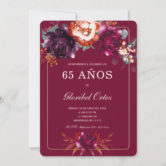 Invitación Borgoña 65ª idea de fiesta de cumpleaños para (Anverso)