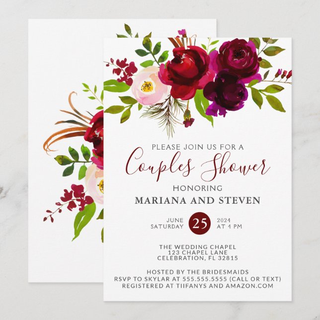 Invitación Borgoña acuarela Floral Boda duchas (Anverso / Reverso)