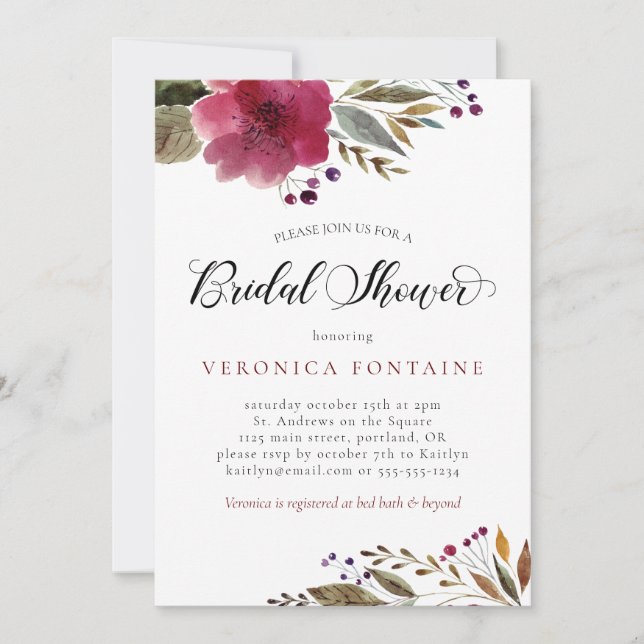 Invitación Borgoña acuarela Floral Bridal Shower (Anverso)